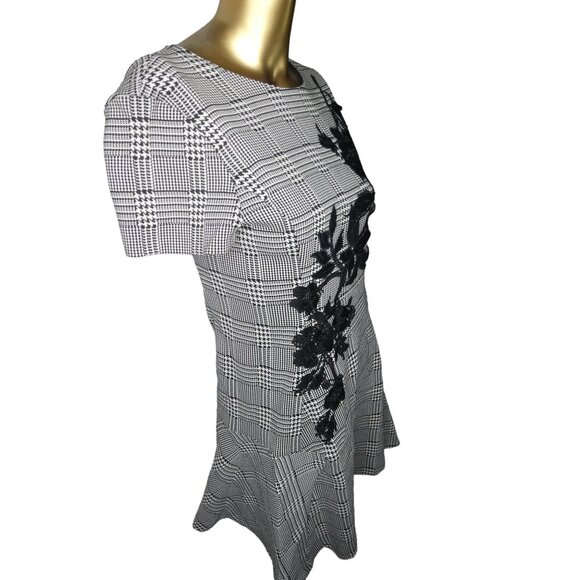Betsey Johnson Black White Plaid Floral Midi‎ Dress Size 4 - Picture 4 of 6